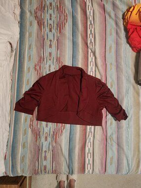 Women's Burgundy Half Jacket with Ruched Cropped Sleeves- Size Large
